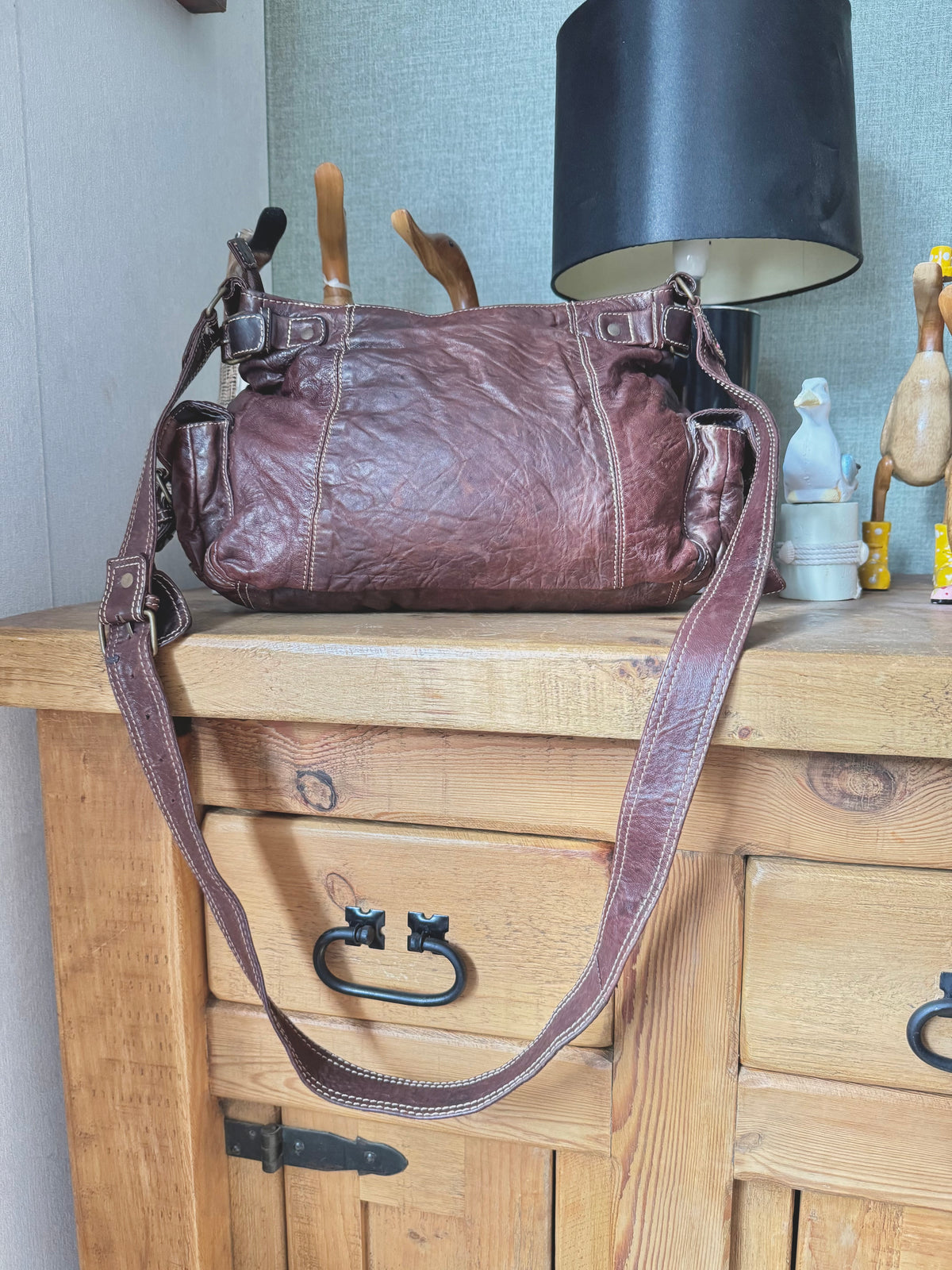 y2k vintage brown real leather golden hardware detail buckle shoulder bag