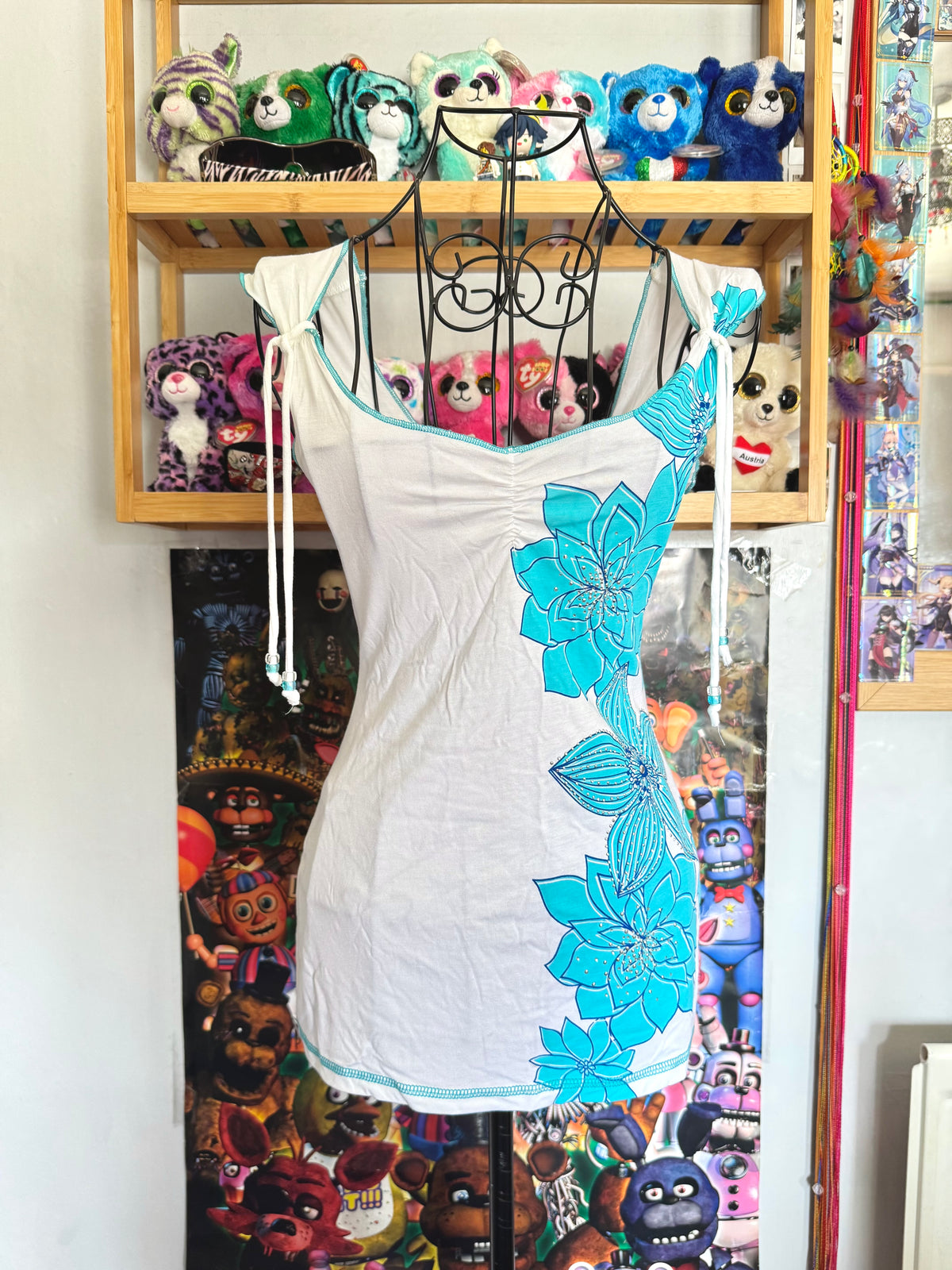 y2k vintage turquoise floral print fitted cami top with ruched detail, rhinestones and sleeve tassels