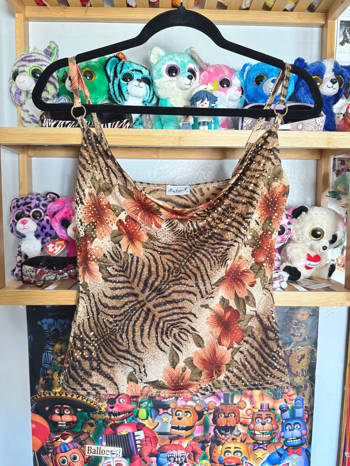 y2k vintage cowl neck fitted earthy vest top with mixed floral and animal print
