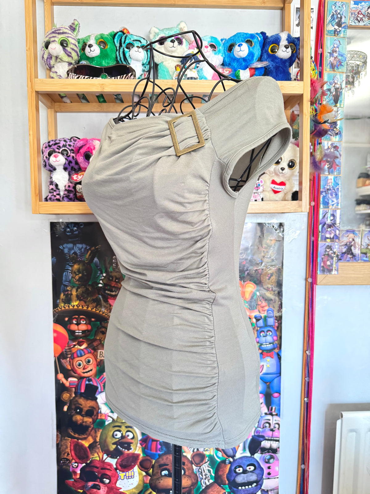 y2k vintage khaki green ruched fitted off shoulder fitted top with golden buckle detail