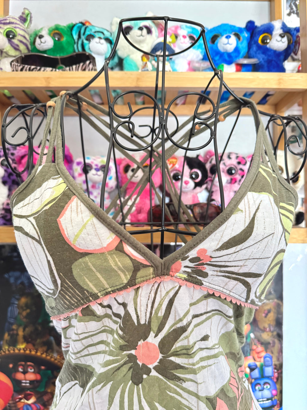 y2k vintage khaki fitted cami too with beaded criss-cross back and floral patterning