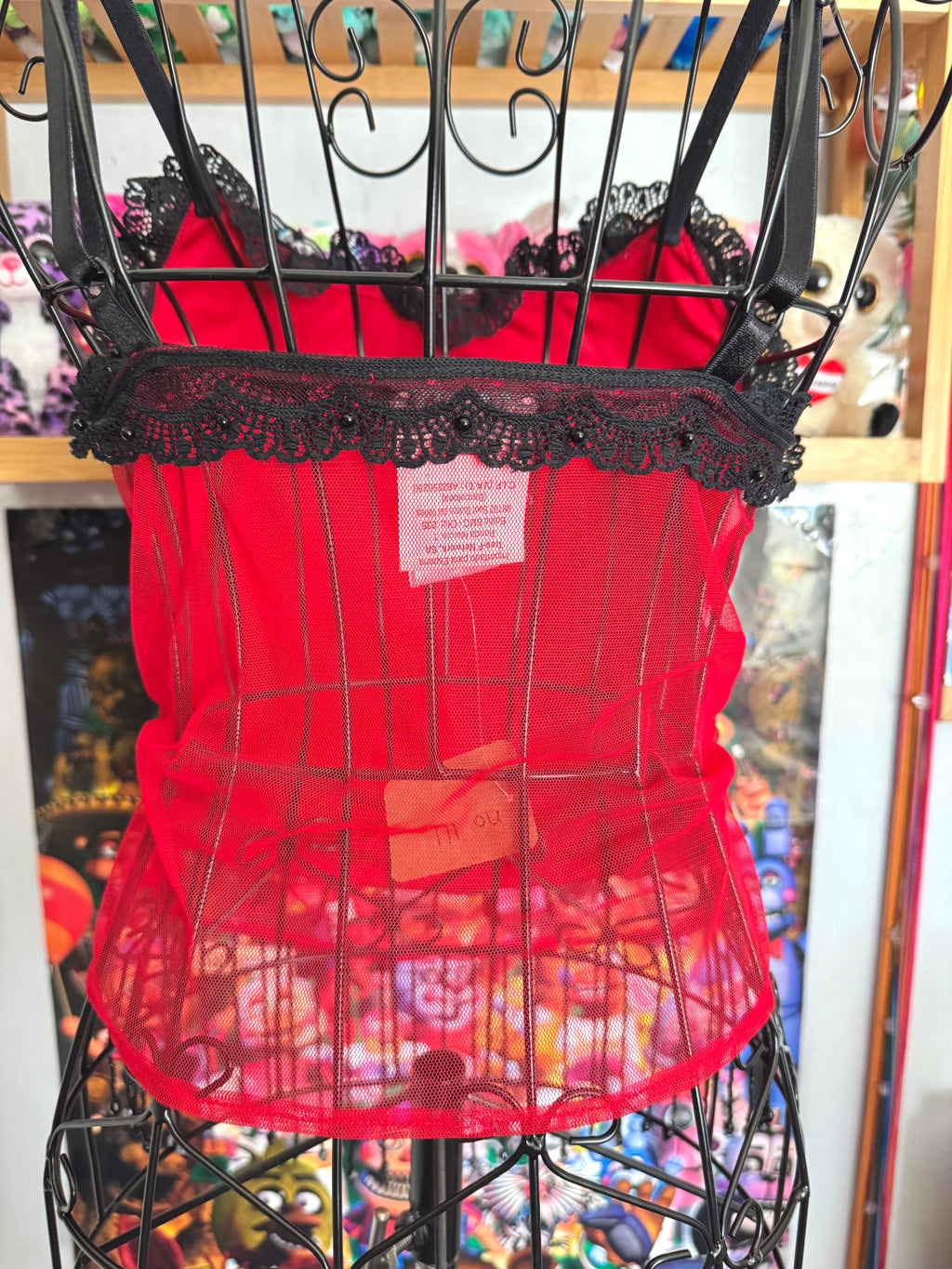 y2k vintage red fitted mesh cami top with black dangle beading and sequin embroidery