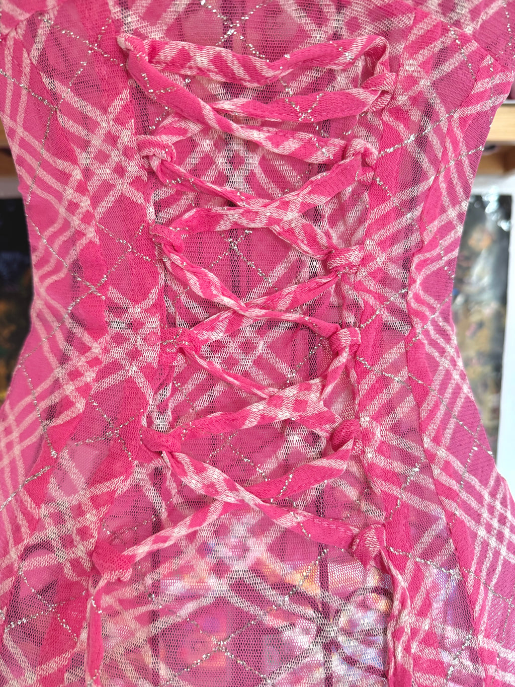 y2k vintage rare hot pink plaid glittery button up sheer blouse with lace up back mcbling