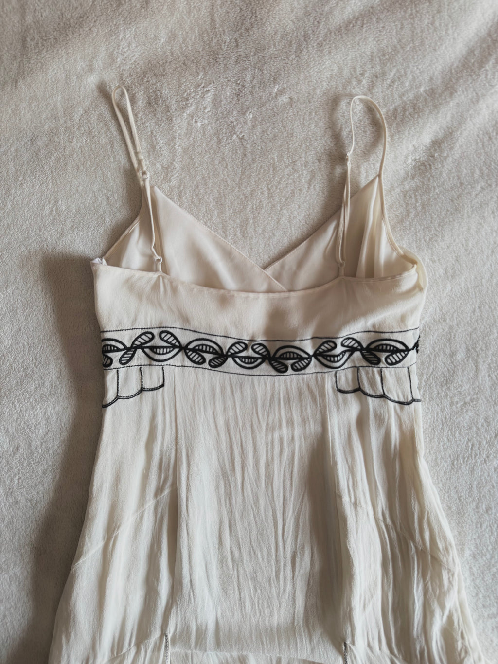 y2k vintage silk off white and black beaded midi dress with bulky layered hem fairycore