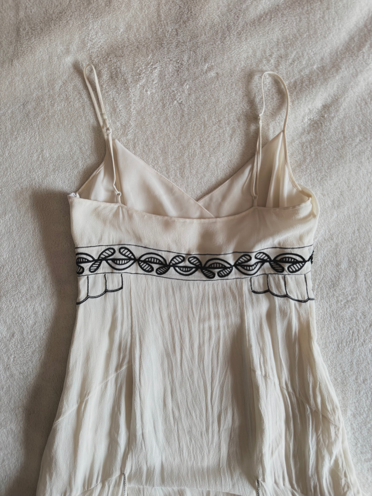 y2k vintage silk off white and black beaded midi dress with bulky layered hem fairycore