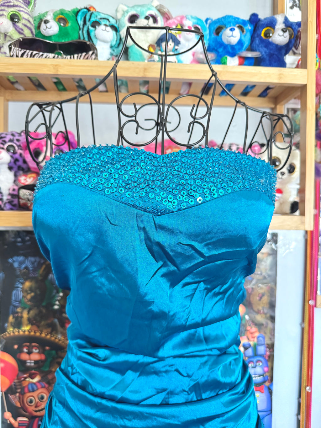 y2k vintage bnwt deadstock satin blue ruched strapless mini dress