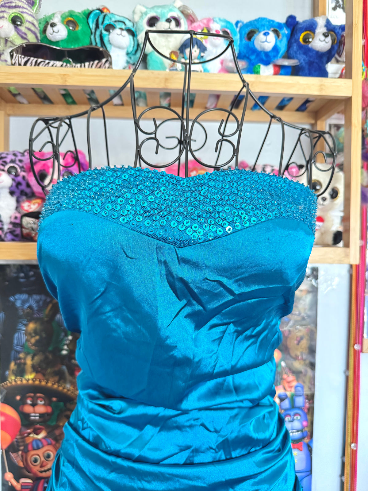 y2k vintage bnwt deadstock satin blue ruched strapless mini dress
