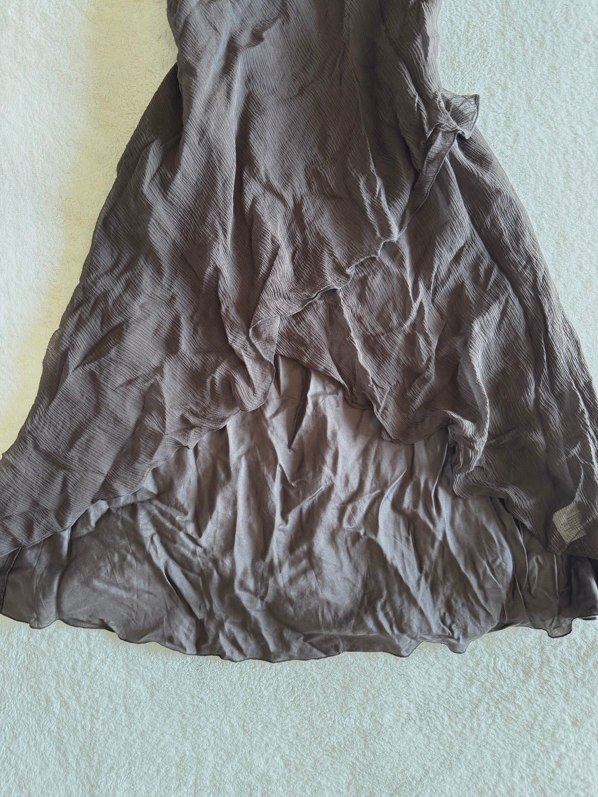 y2k vintage silk chocolate brown fitted asymmetrical fairy hem halterneck midi dress
