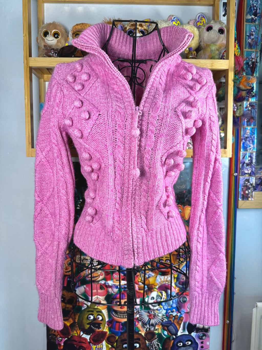 y2k vintage pink fitted cropped chunky cosy zip up jumper with bobbles