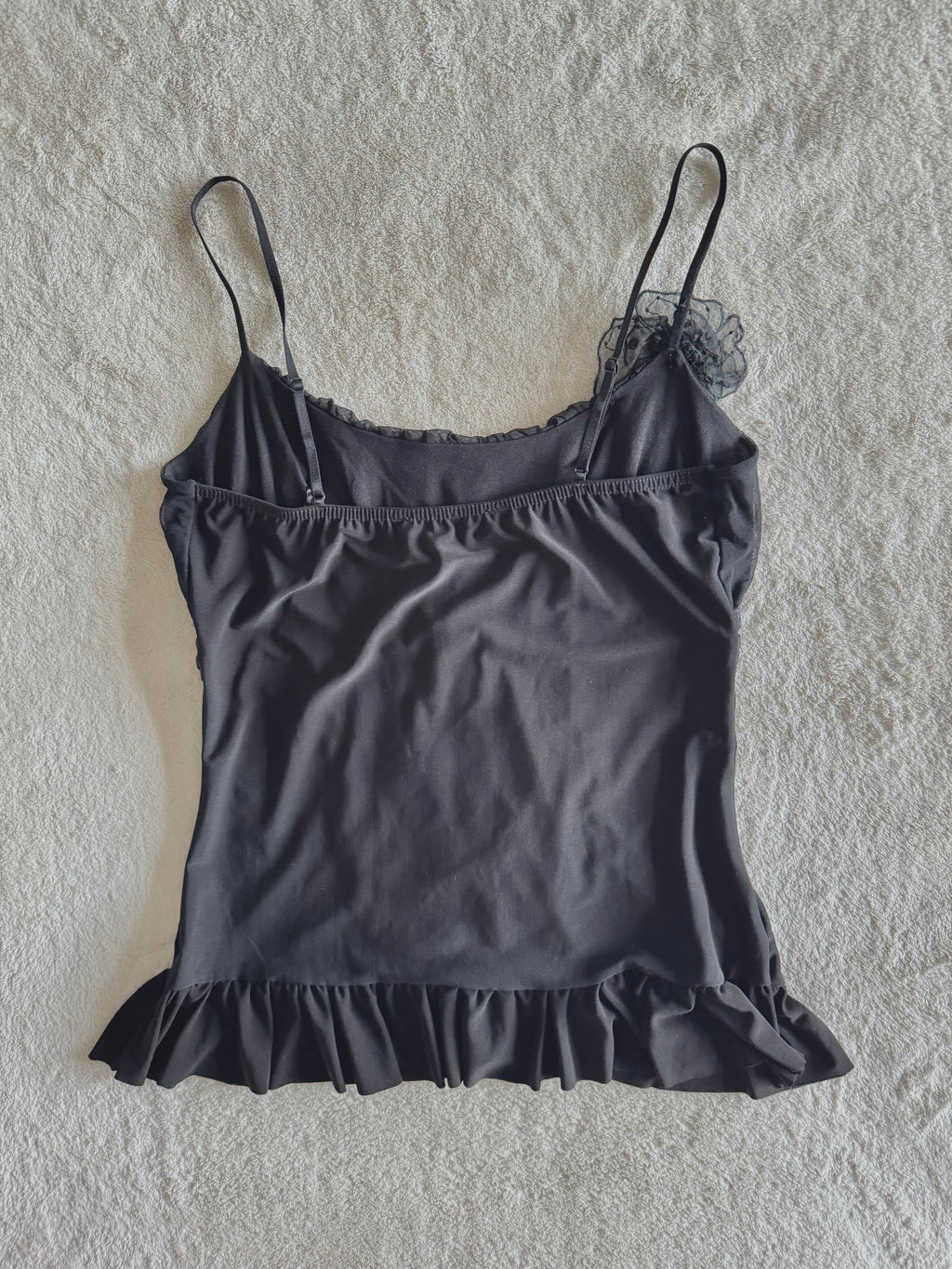 y2k vintage black mesh fitted cami top with ruffle hem and ruched milkmaid bust gothic