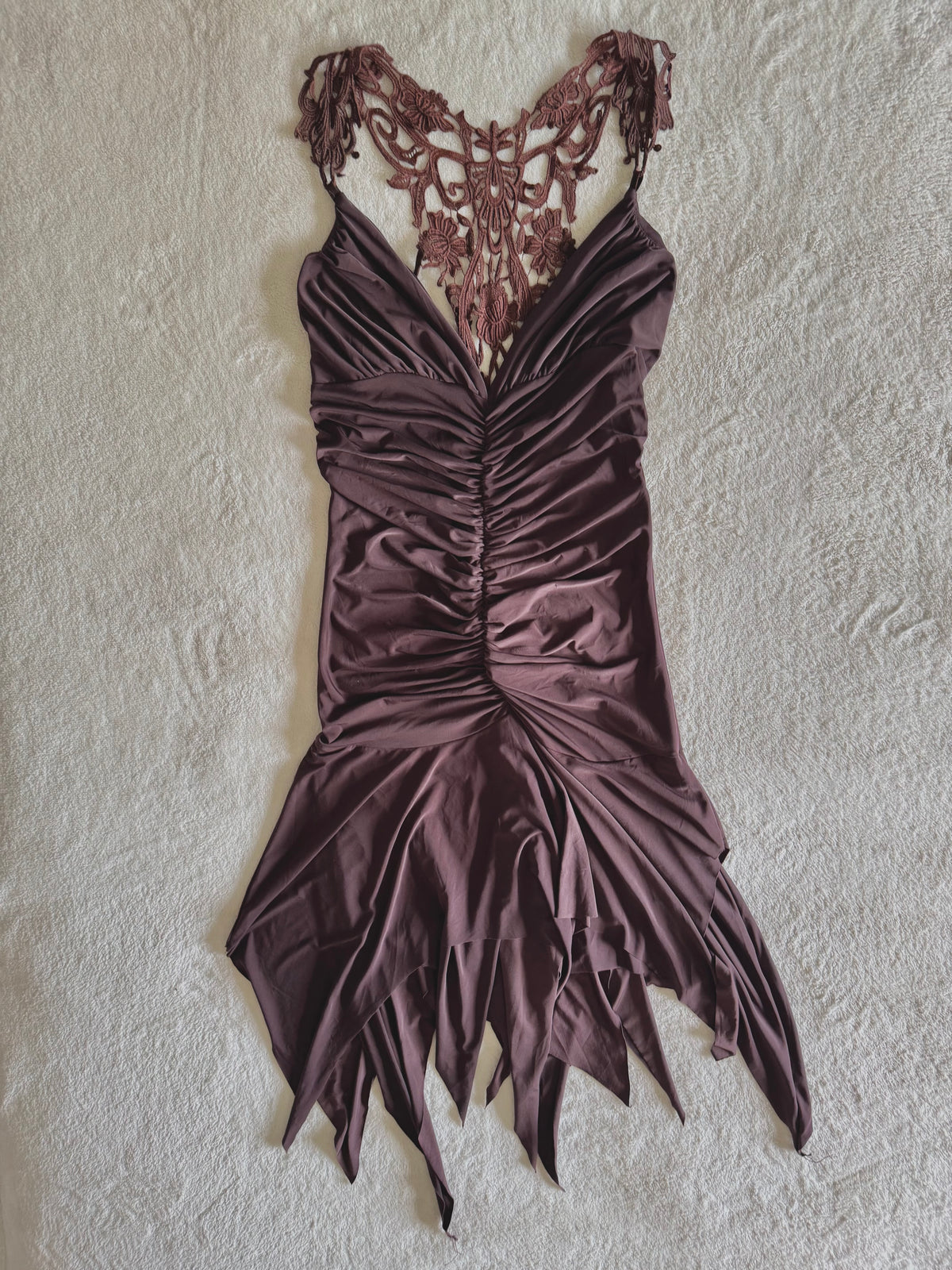 y2k vintage chocolate brown ruched fitted floral lace back fairycore mini dress