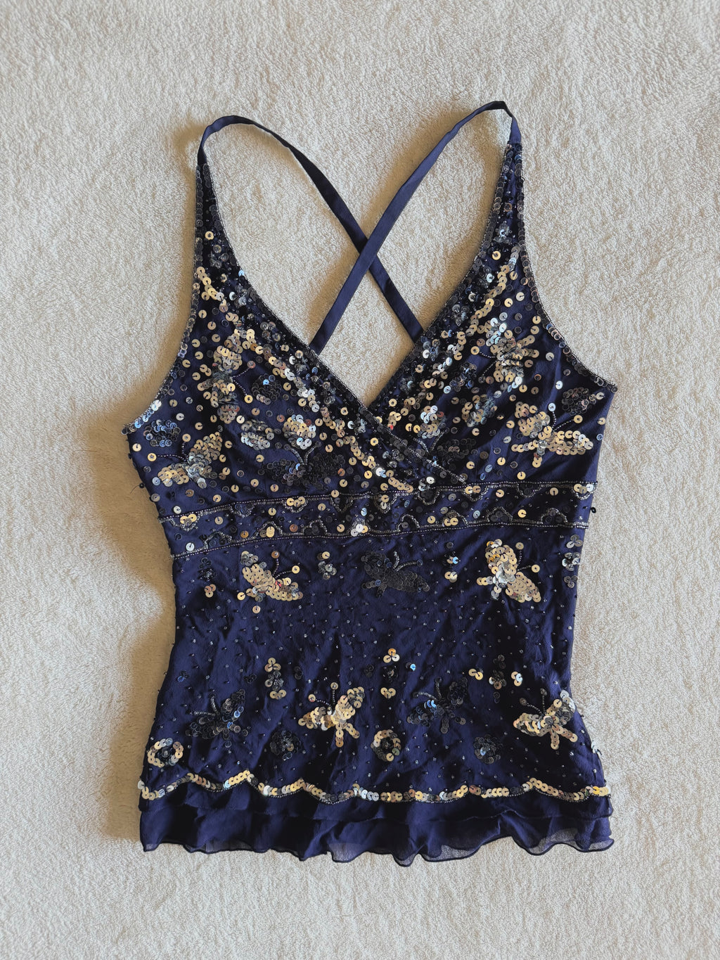 y2k vintage silk royal blue crisscross back fitted slightly cropped cami with butterfly sequins