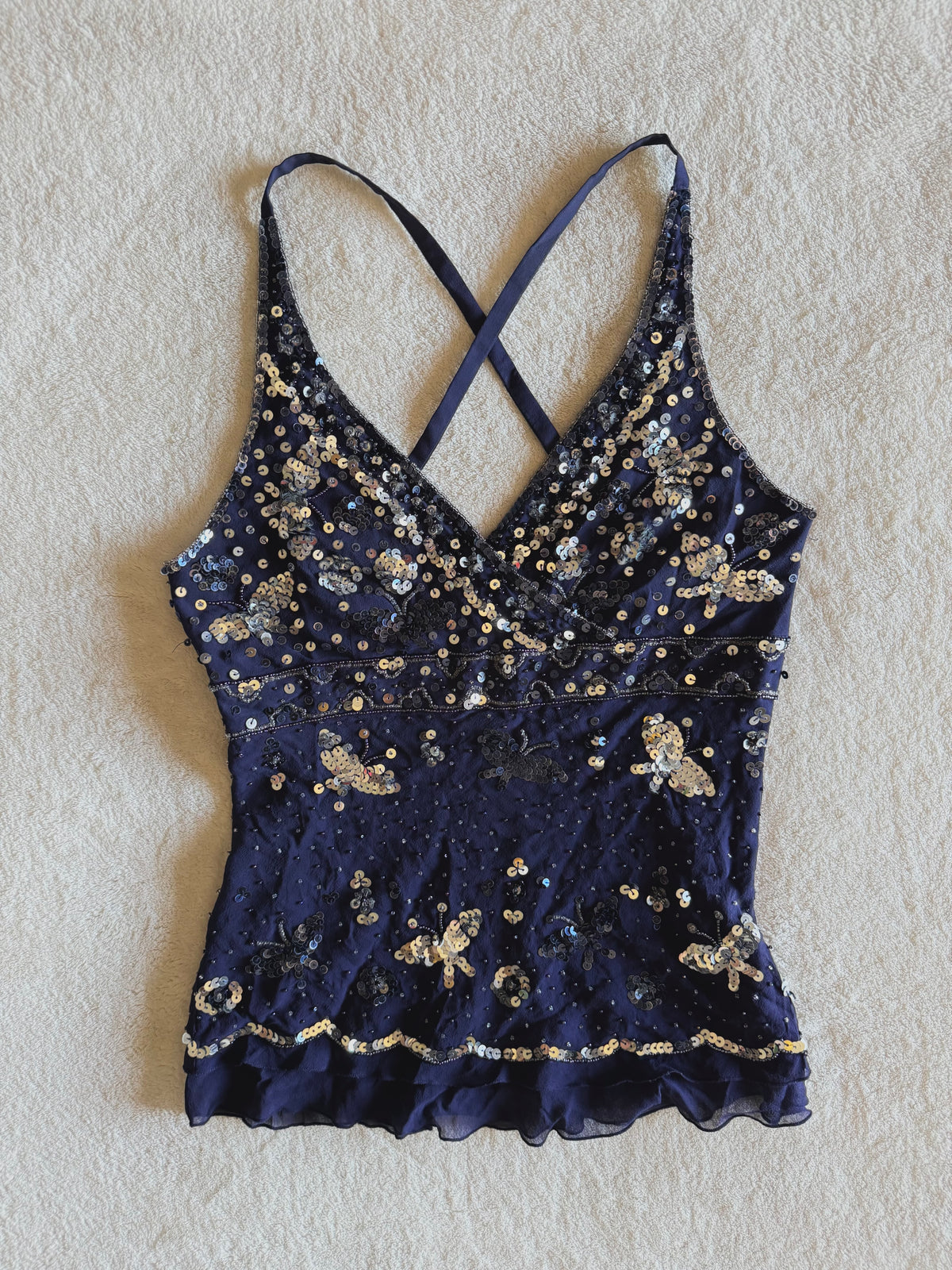 y2k vintage silk royal blue crisscross back fitted slightly cropped cami with butterfly sequins