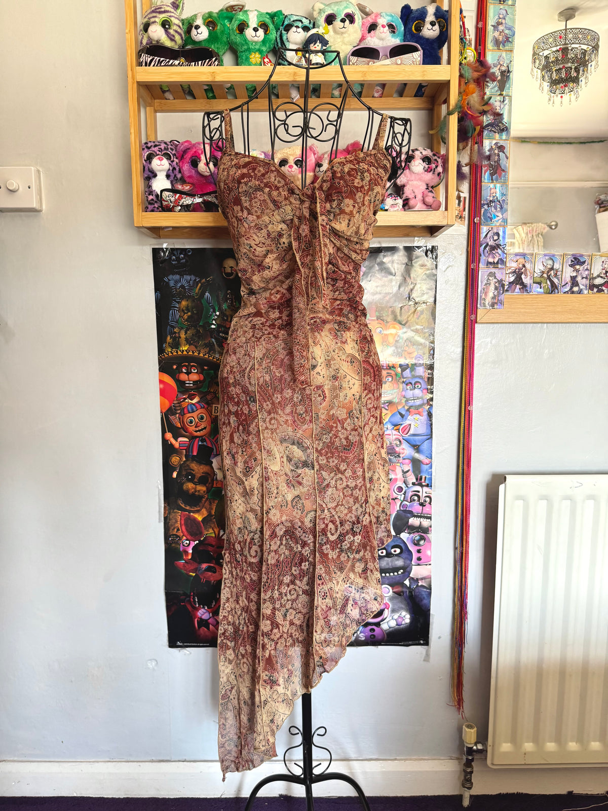 y2k vintage earthy fairy asymmetrical hem midaxi dress with glittery shimmer