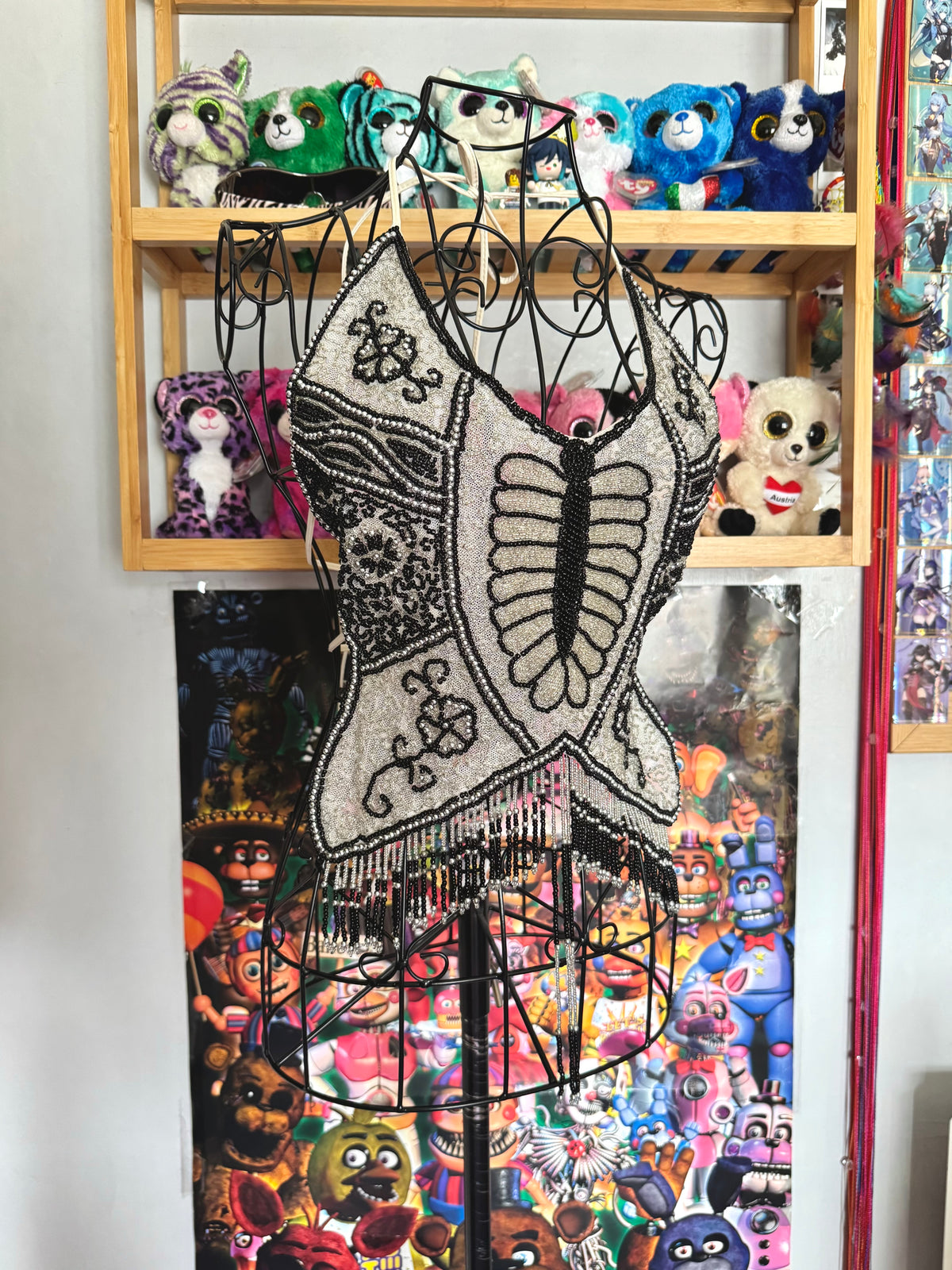 y2k vintage backless fitted fully beaded black and white halterneck butterfly top festival