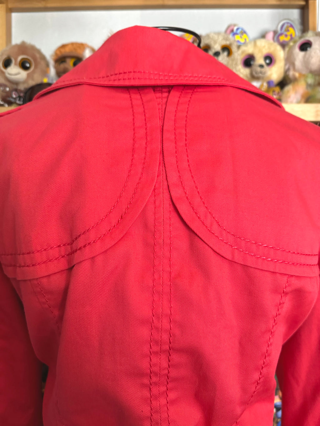 y2k vintage coral red fitted bomber jacket peacoat with zip pockets and chunky buttons