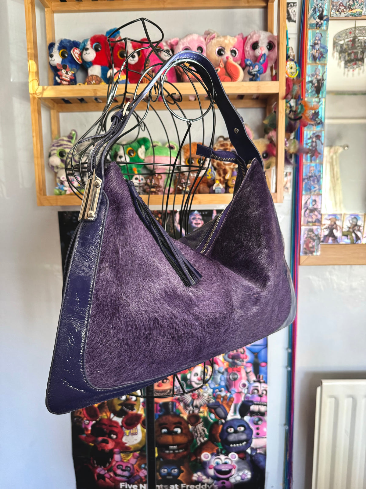 y2k pony hair violet purple slouchy boho handbag with real suede and leather