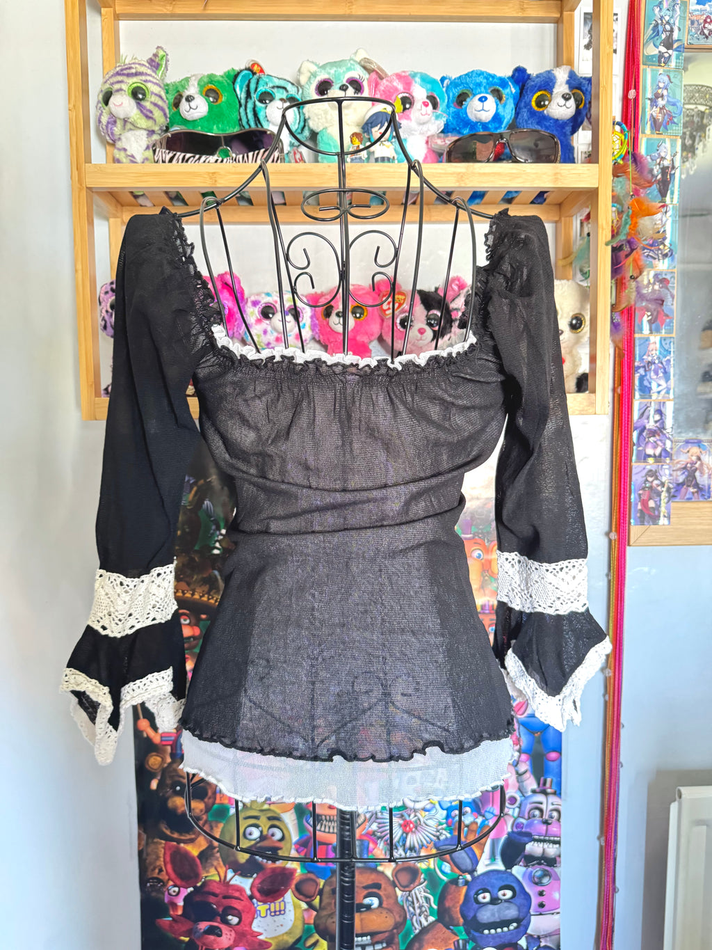 y2k vintage mesh layered lettuce hem milkmaid 3/4 length sleeve top