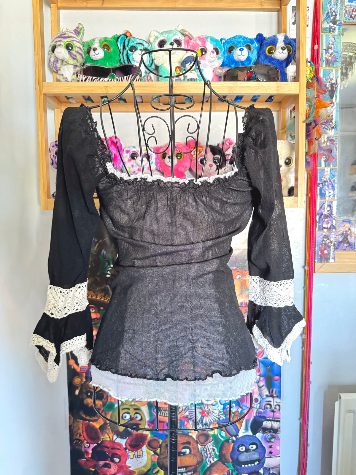 y2k vintage mesh layered lettuce hem milkmaid 3/4 length sleeve top