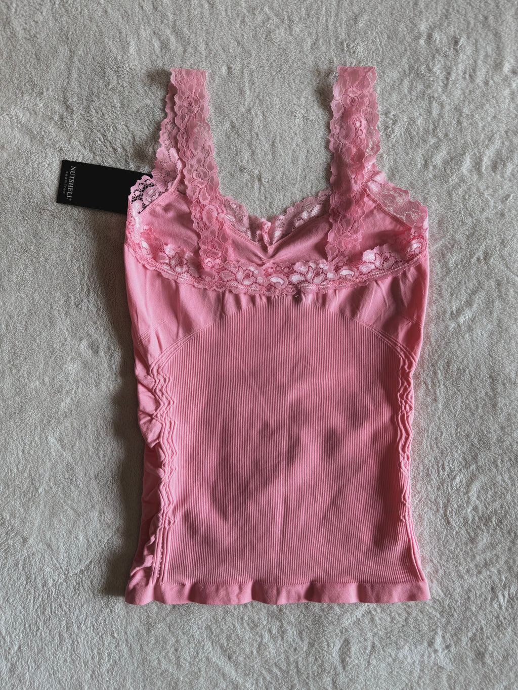 y2k vintage baby pink seamless cami top with lace trimmings and rhinestones