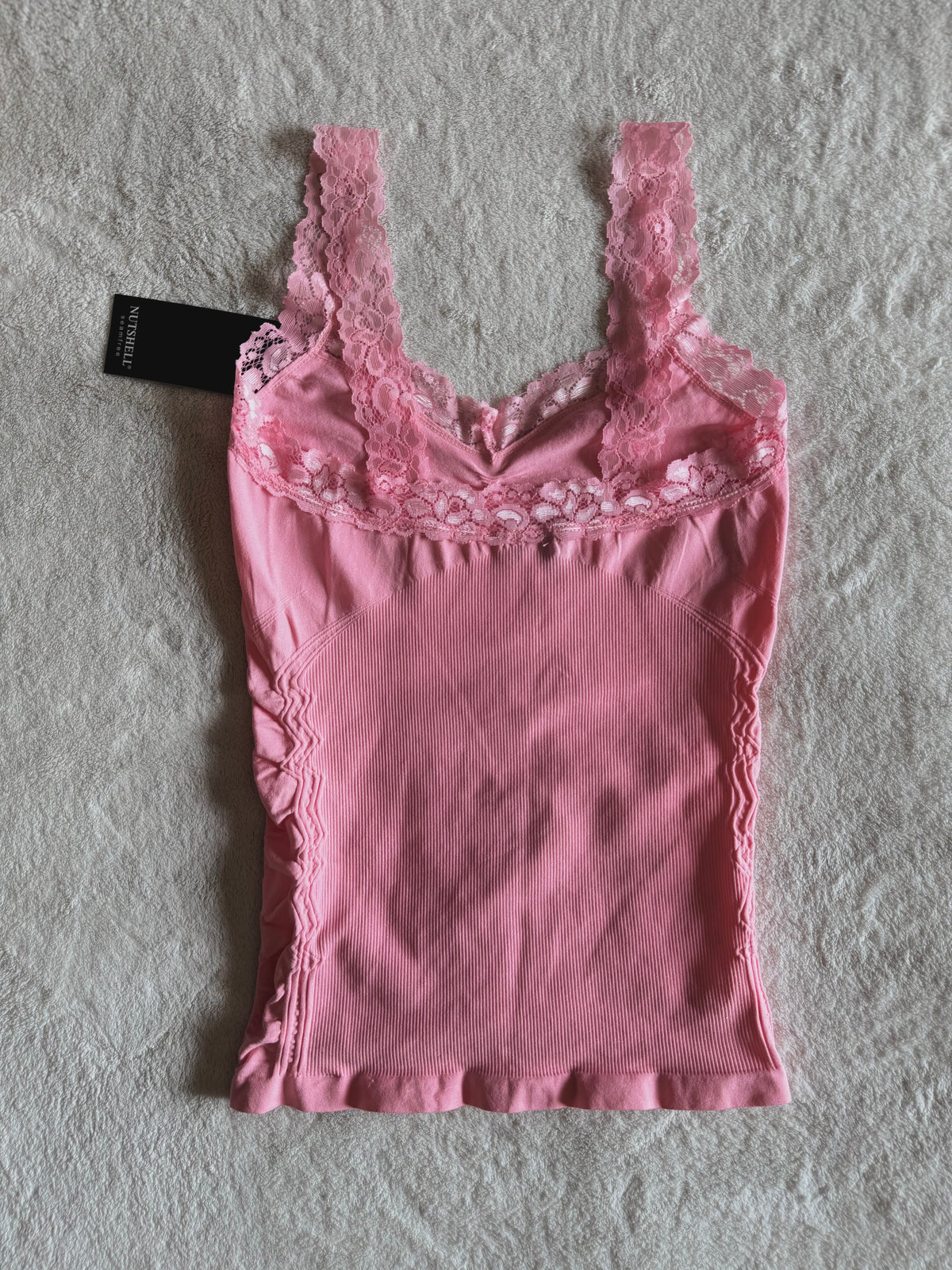 y2k vintage baby pink seamless cami top with lace trimmings and rhinestones
