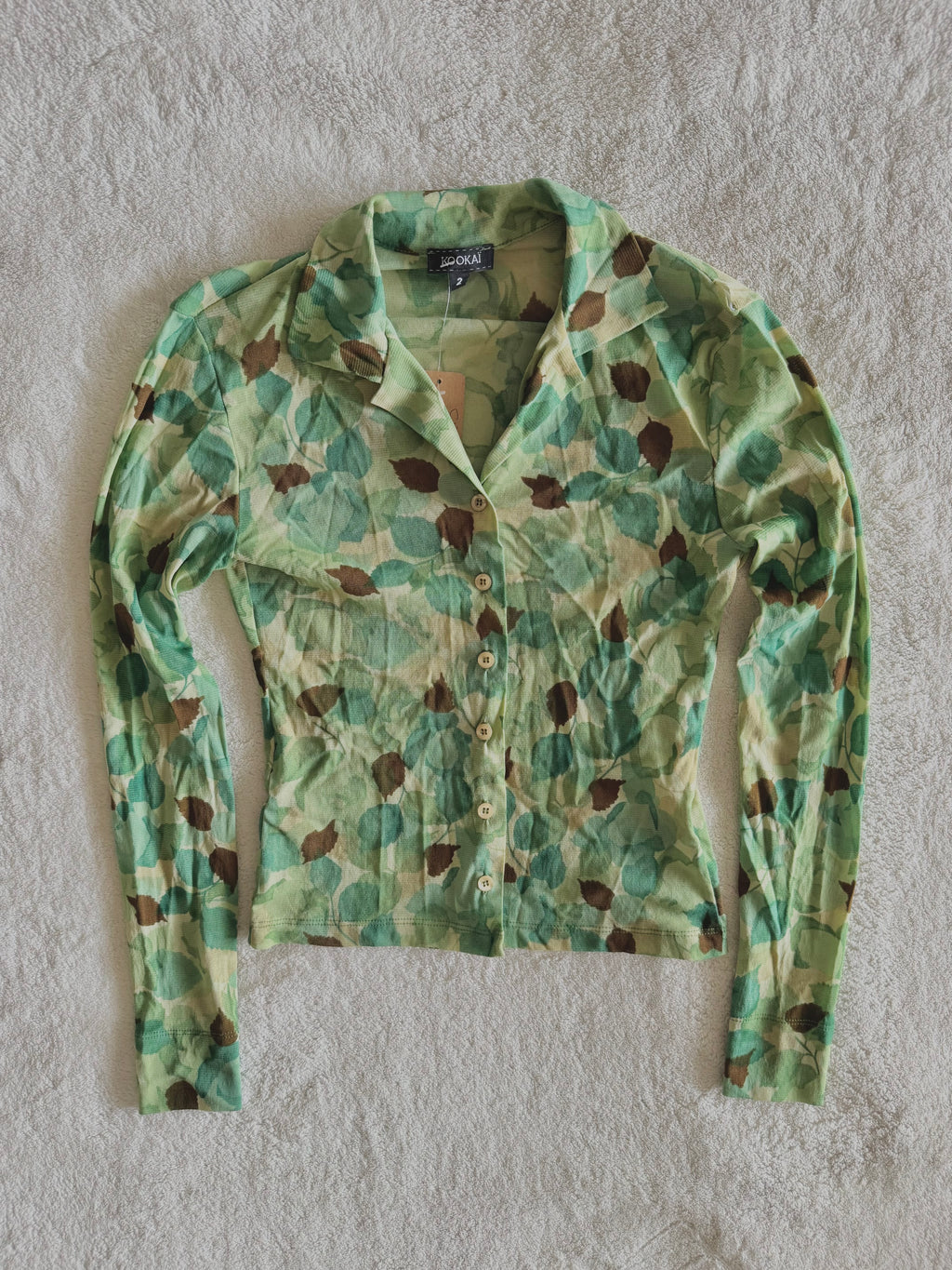 y2k vintage sheer mesh button up top with leaf print