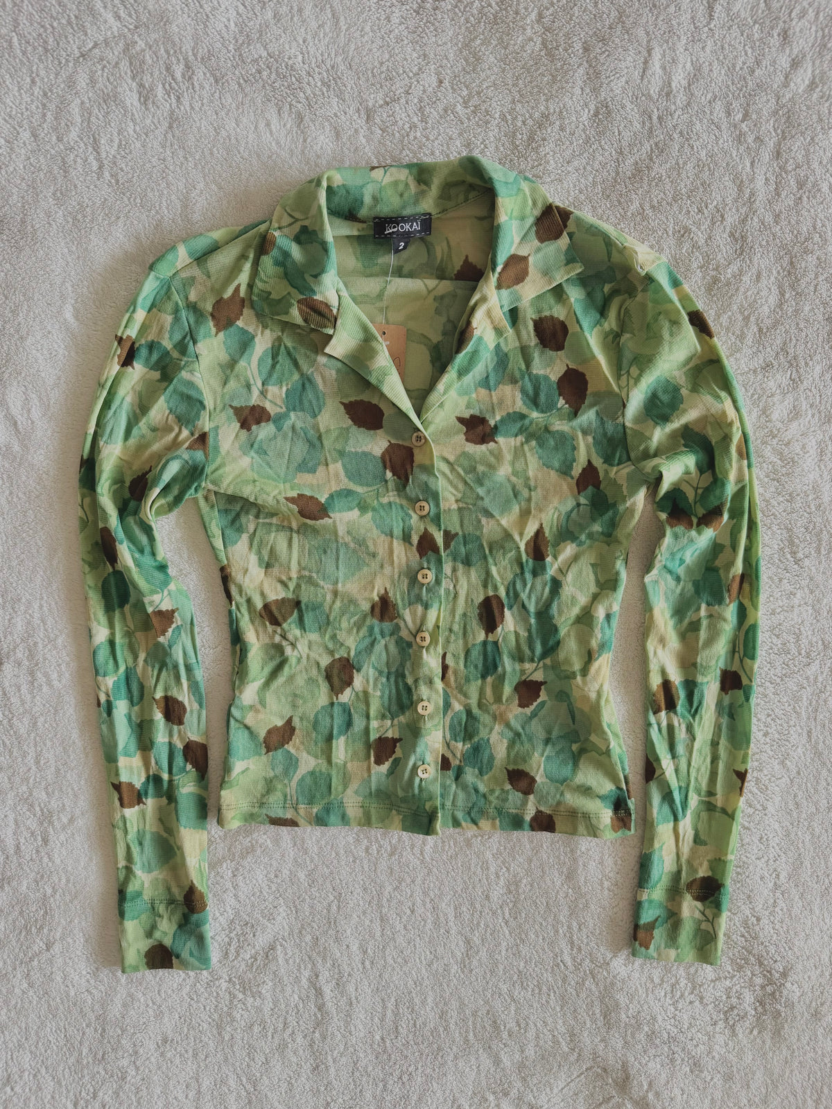 y2k vintage sheer mesh button up top with leaf print