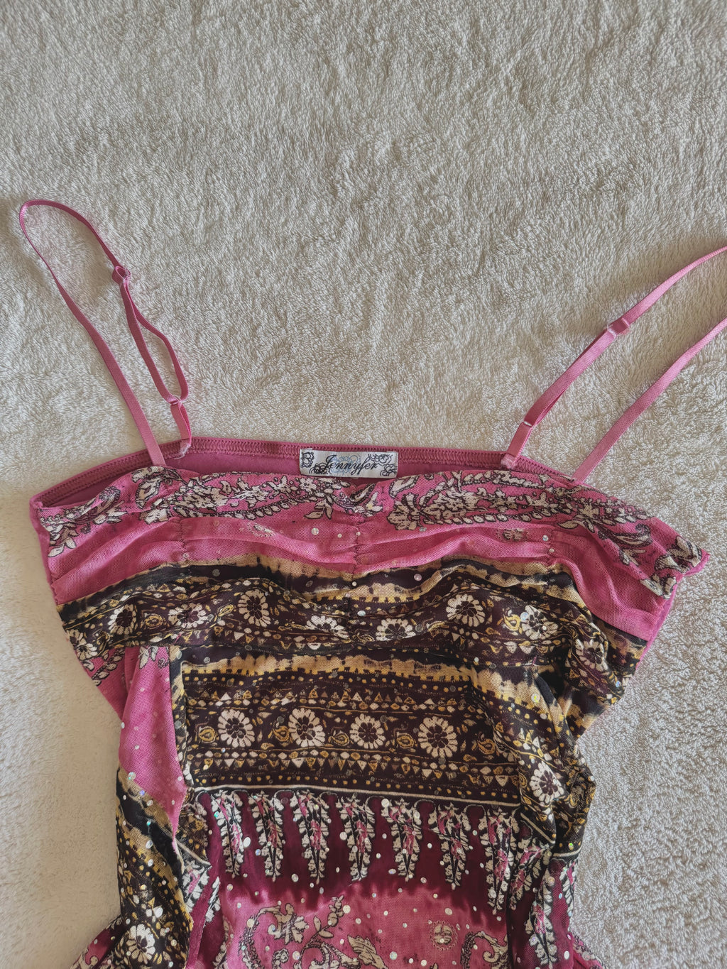 y2k vintage pink boho floaty babydoll ruched mesh cami top