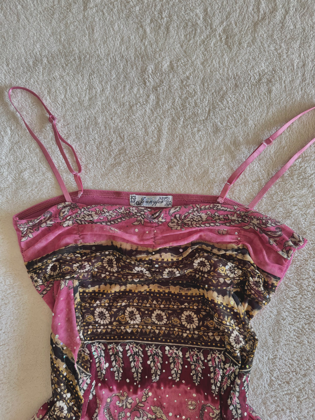 y2k vintage pink boho floaty babydoll ruched mesh cami top
