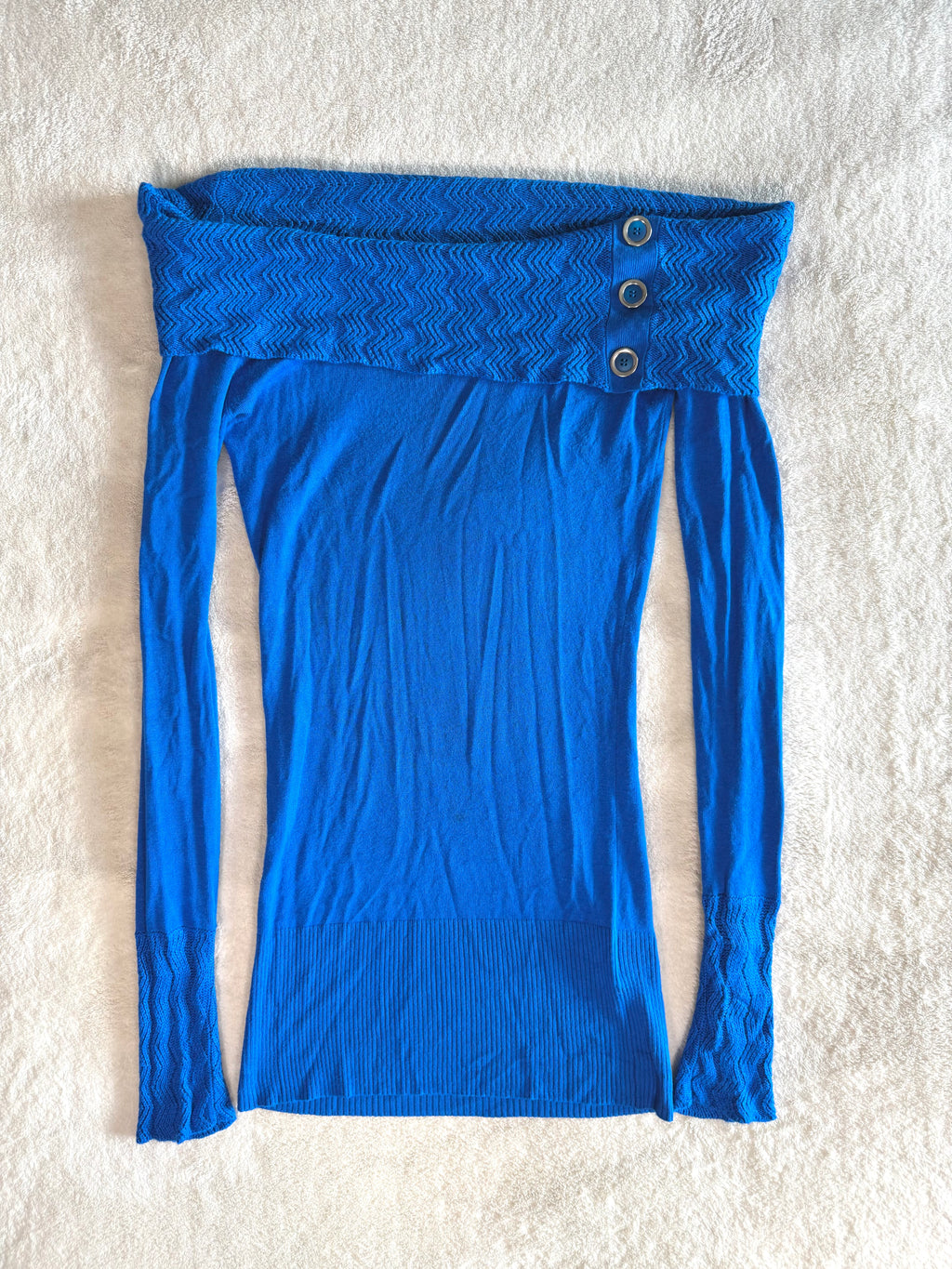y2k vintage royal blue off shoulder fitted long sleeved top with ribbed knit detail