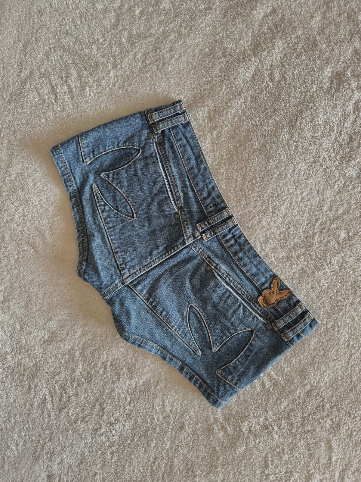 y2k vintage low waisted medium wash playboy bunny micro mini shorts