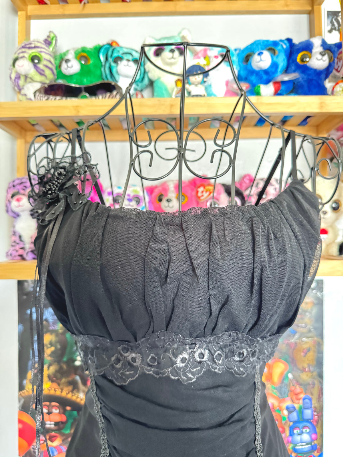 y2k vintage black mesh fitted cami top with ruffle hem and ruched milkmaid bust gothic