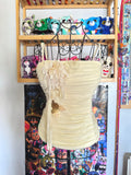 y2k vintage cream ruched boned and fitted corset top with sequins embellished