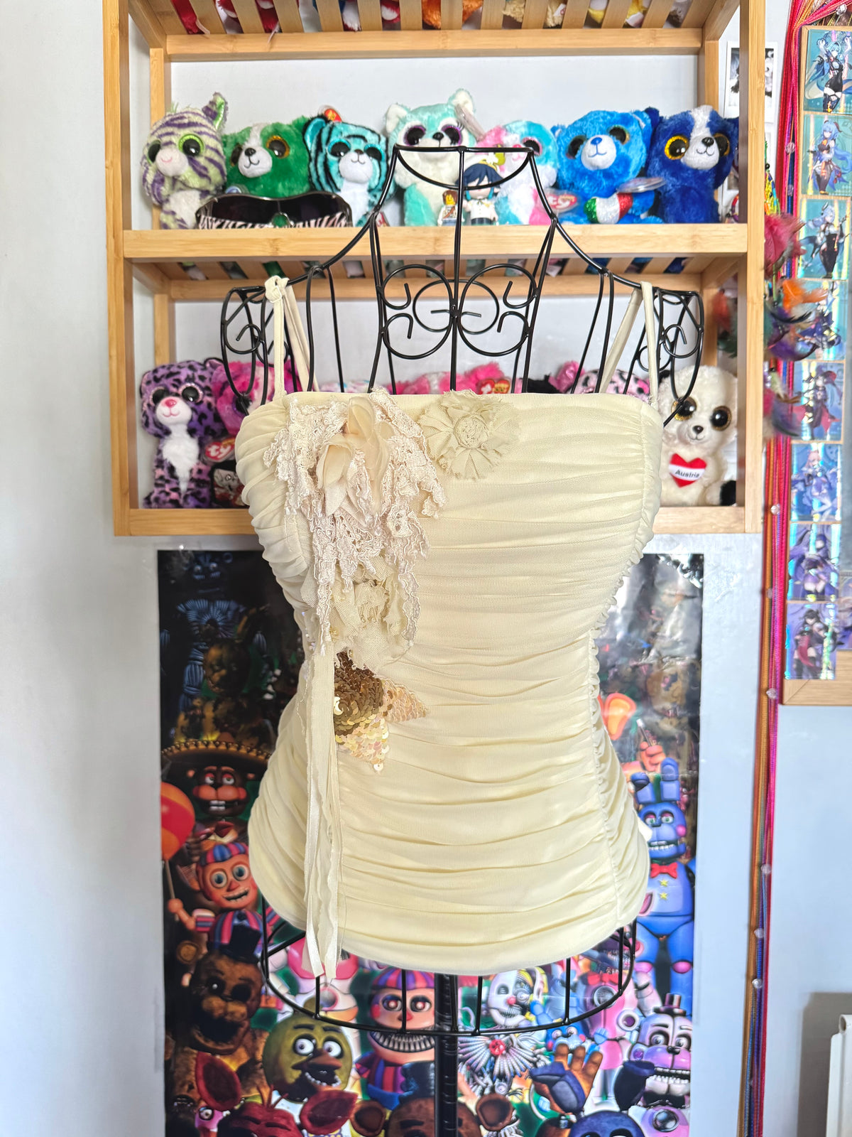 y2k vintage cream ruched boned and fitted corset top with sequins embellished