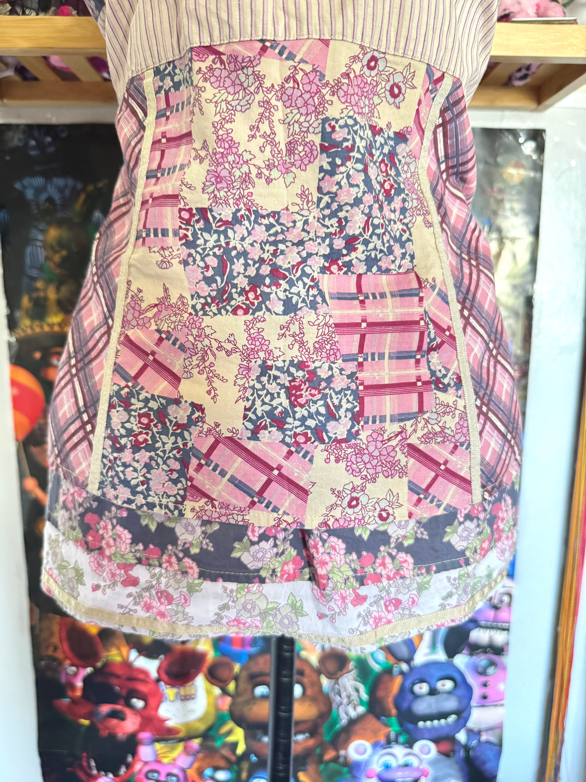 y2k vintage patchwork style criss-cross strap mixed print fitted cami top