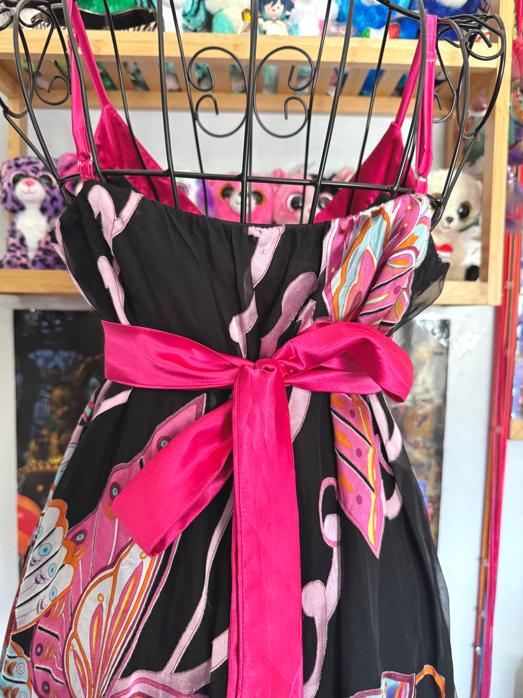 y2k vintage silk black and pink tie back butterfly cami top
