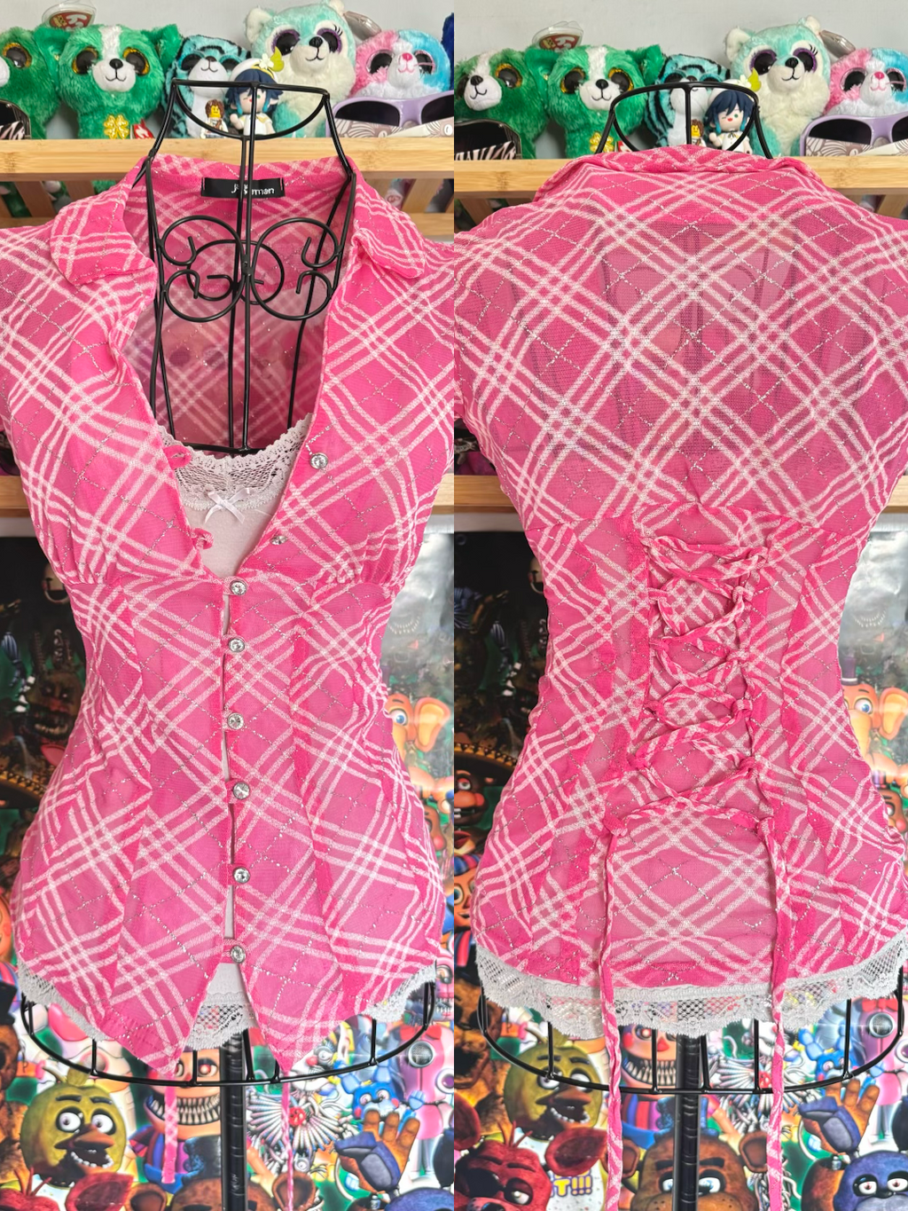 y2k vintage rare hot pink plaid glittery button up sheer blouse with lace up back mcbling