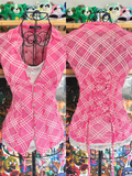 y2k vintage rare hot pink plaid glittery button up sheer blouse with lace up back mcbling
