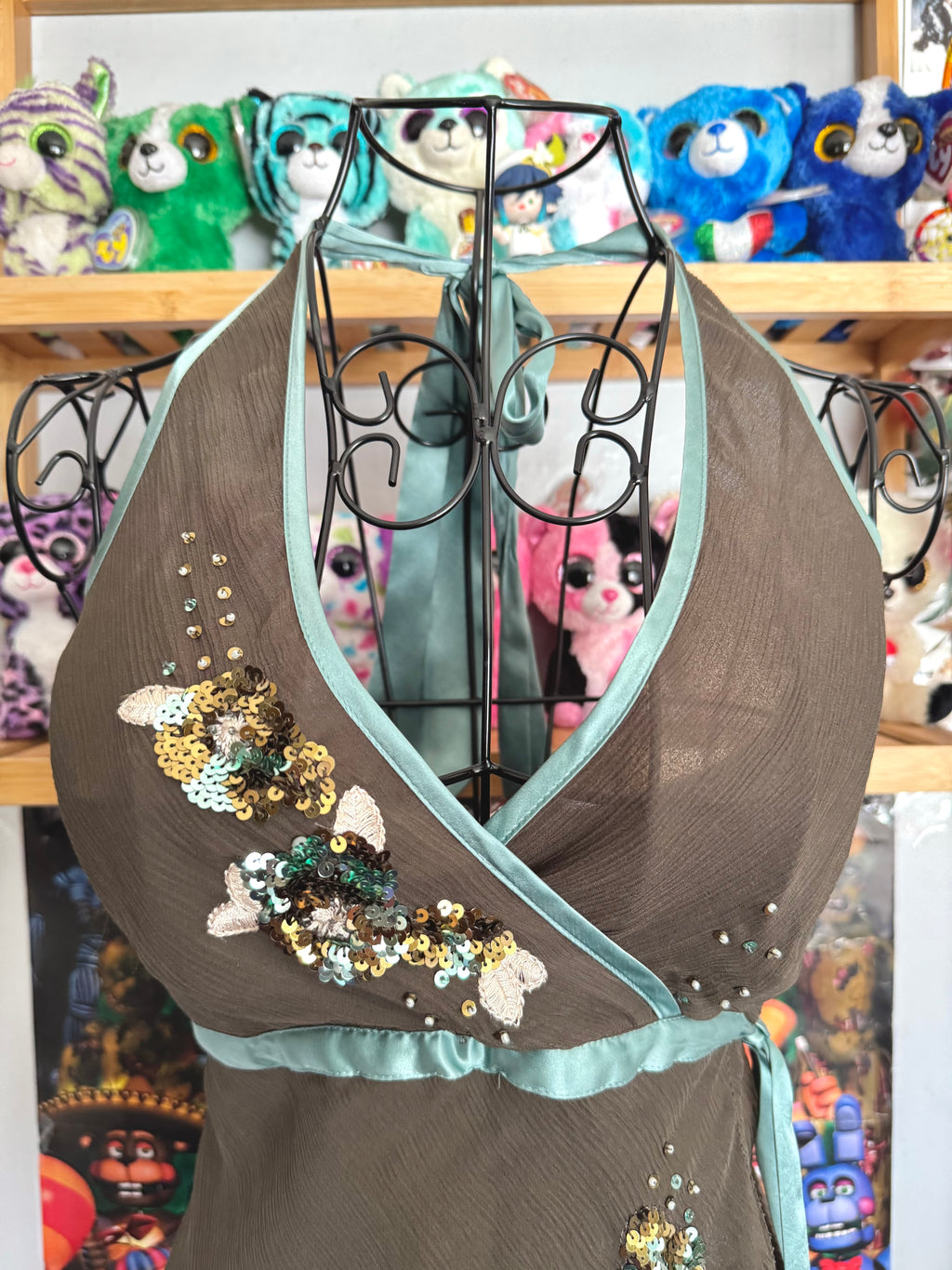 y2k vintage brown, turquoise silk asymmetric layered fairy halter cami top with sequins
