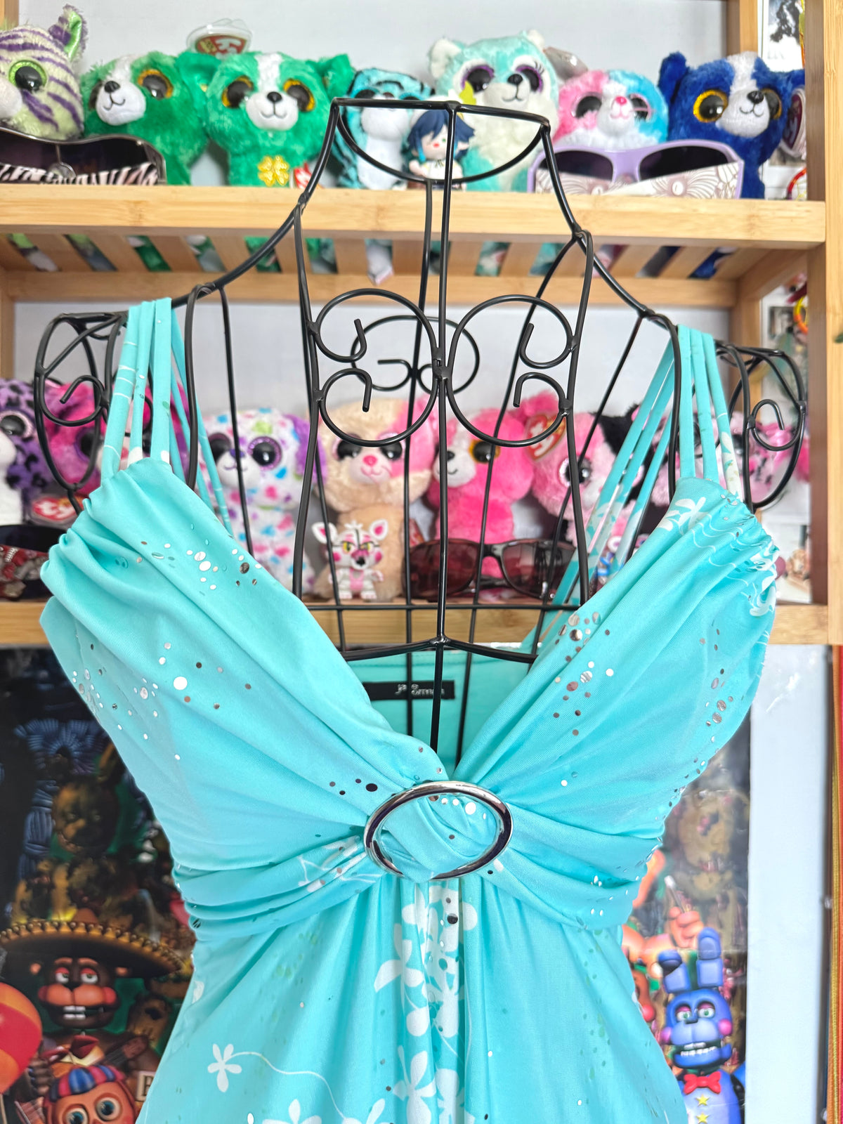 y2k vintage turquoise blue floral slinky fitted cami top with sequins
