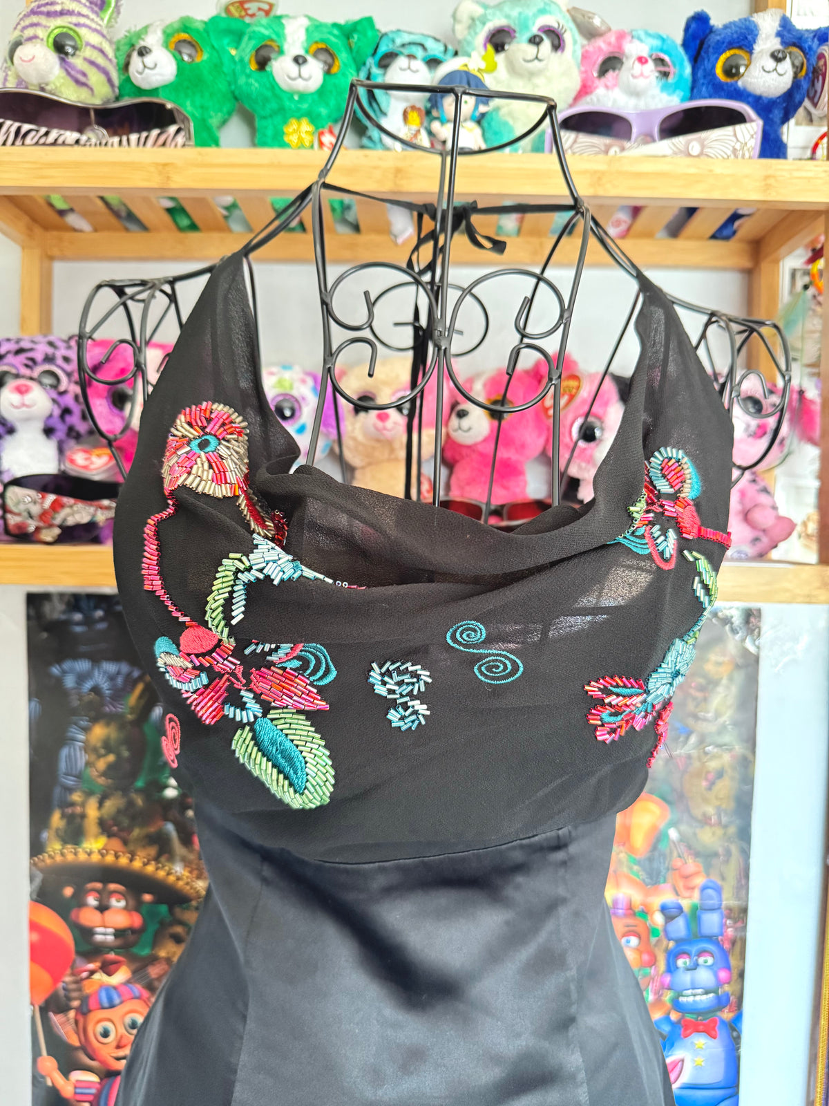 y2k vintage silk fitted cowl neck halter top with beading embellishments