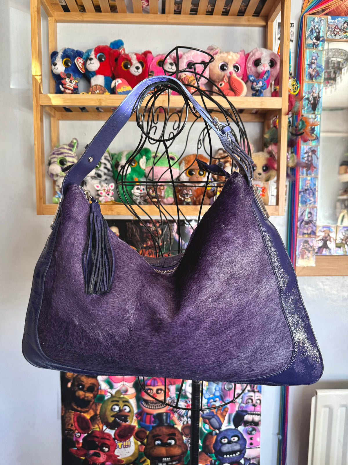 y2k pony hair violet purple slouchy boho handbag with real suede and leather