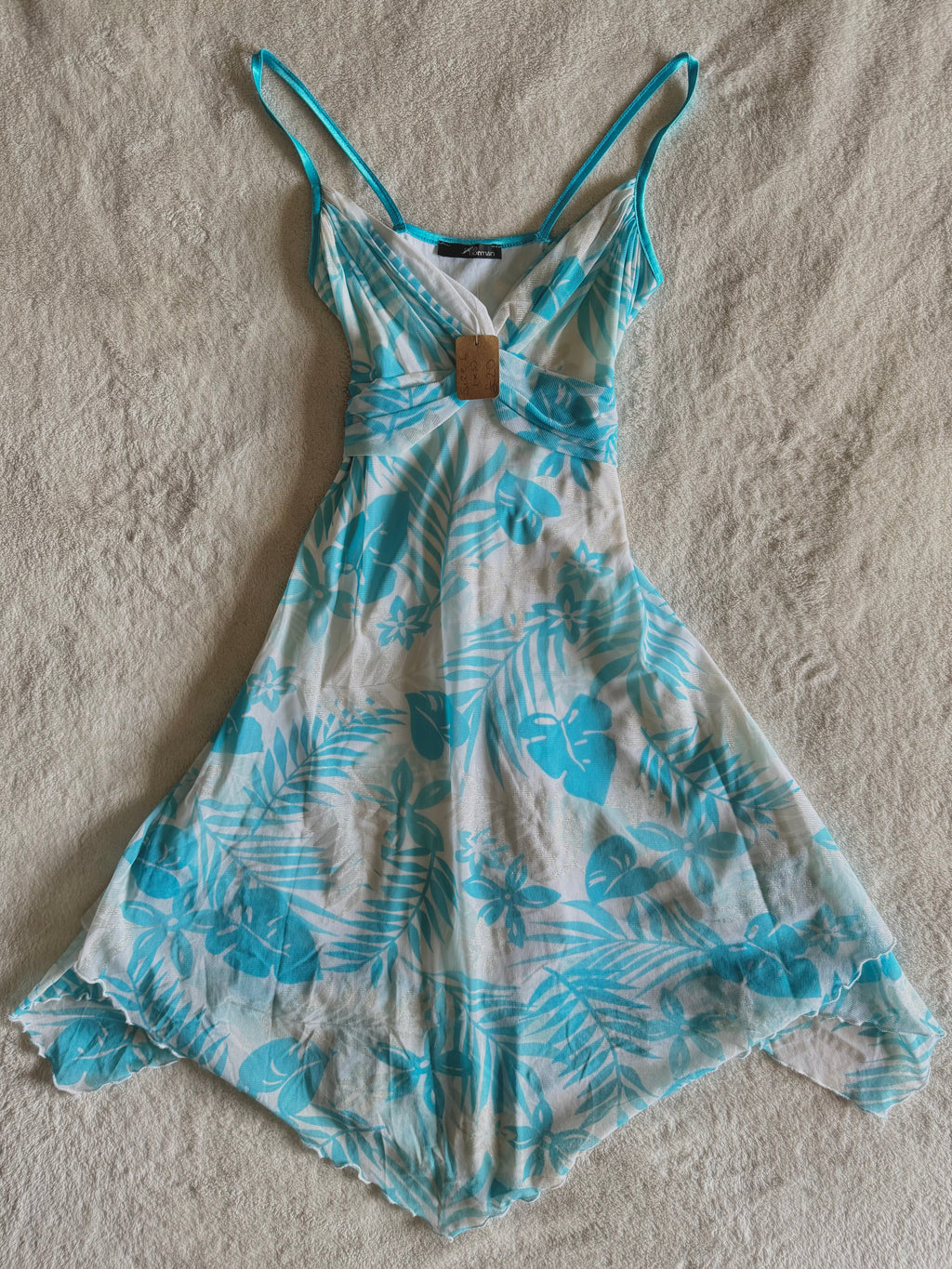 y2k vintage tie back turquoise blue mesh asymmetrical lettuce hem mini dress