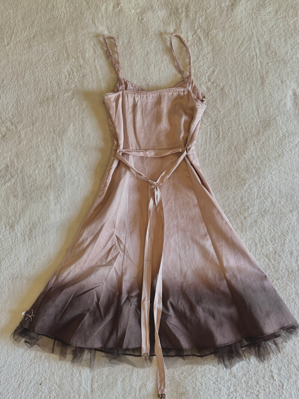 y2k vintage silk dusky pink and brown ombre fitted midi dress fit and flare with blossoms