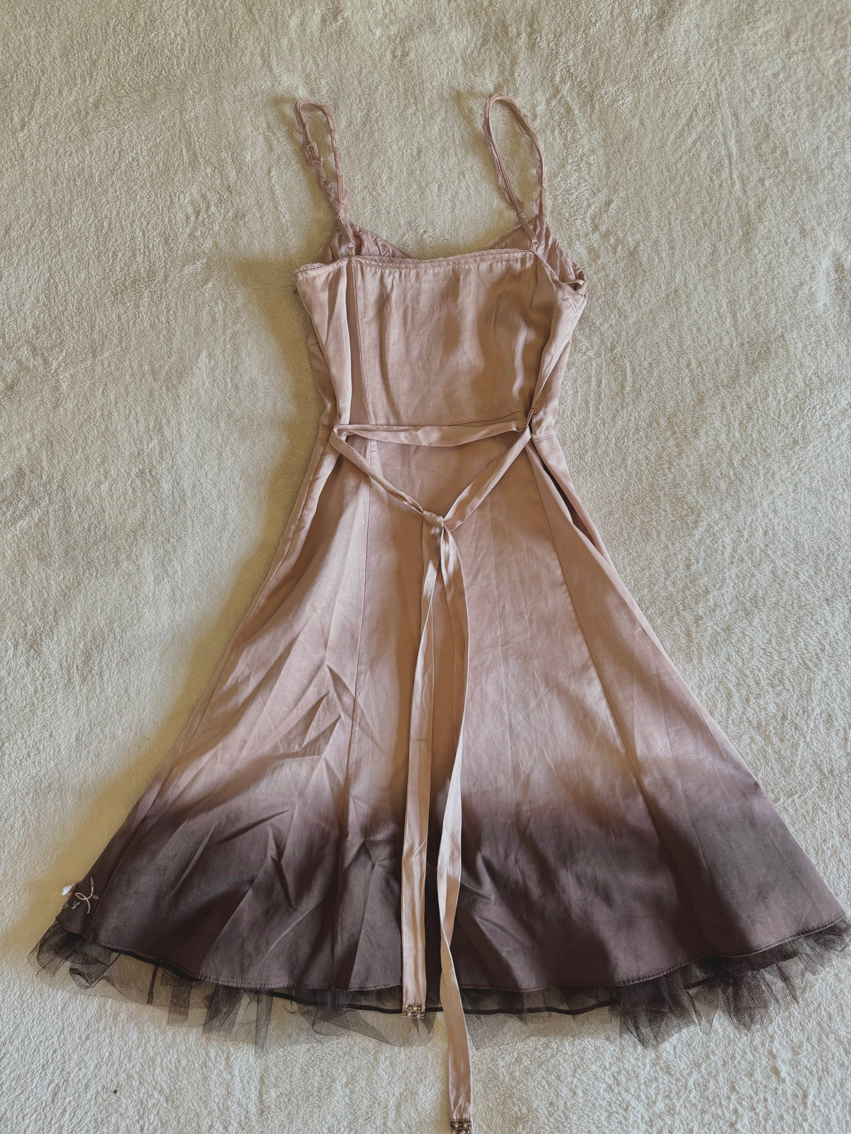 y2k vintage silk dusky pink and brown ombre fitted midi dress fit and flare with blossoms