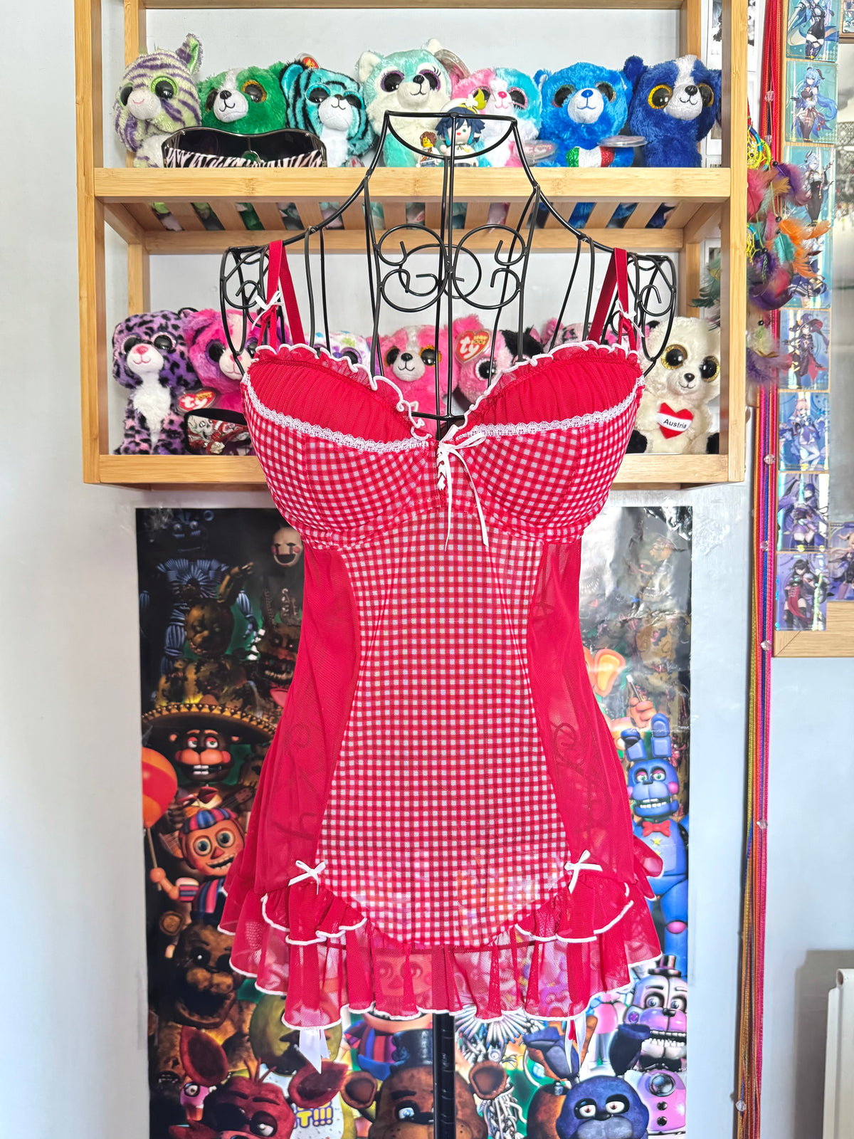 y2k vintage red and white gingham mesh babydoll cami top coquette