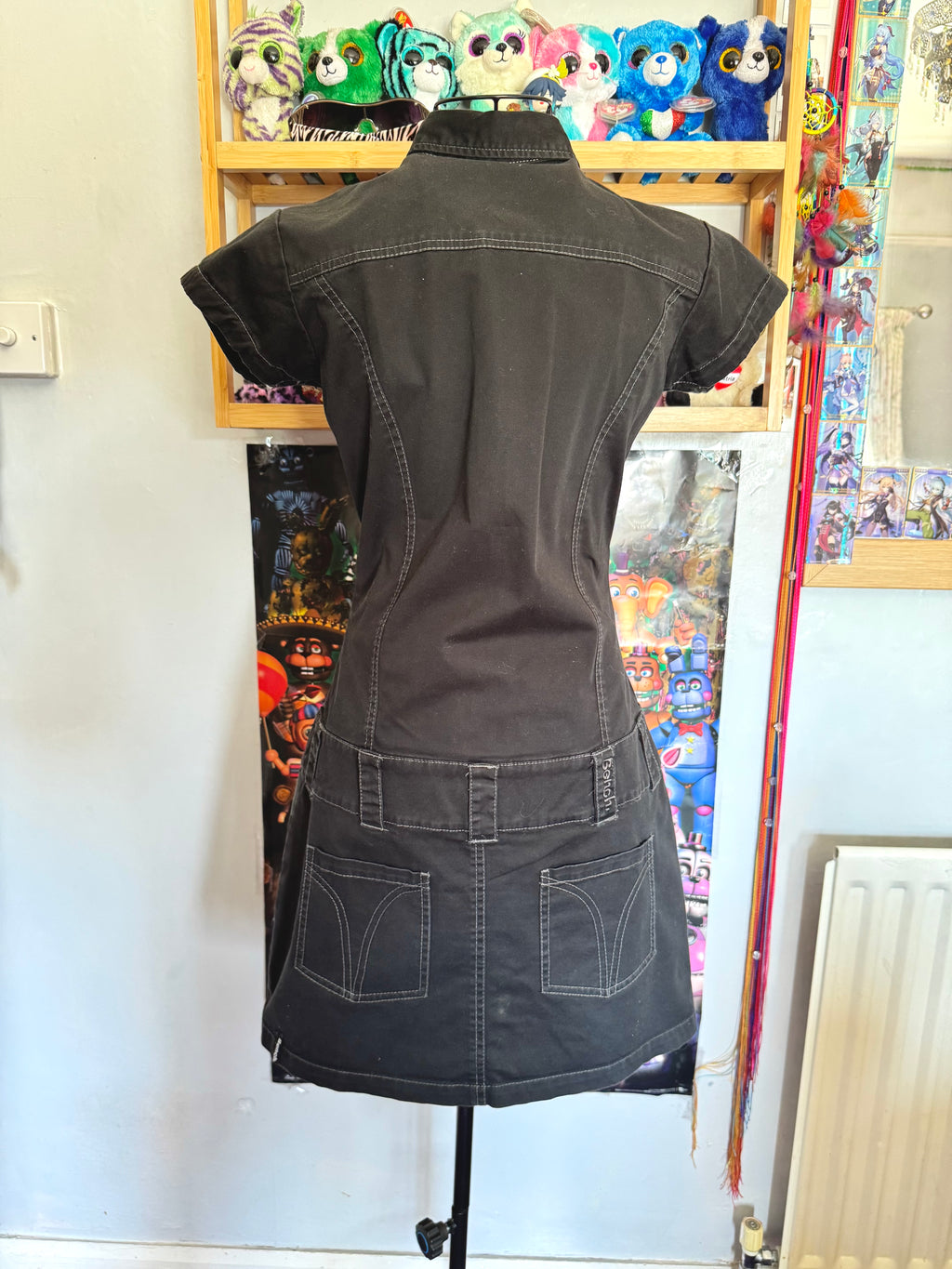 y2k vintage grungy black button up cargo utility style mini dress
