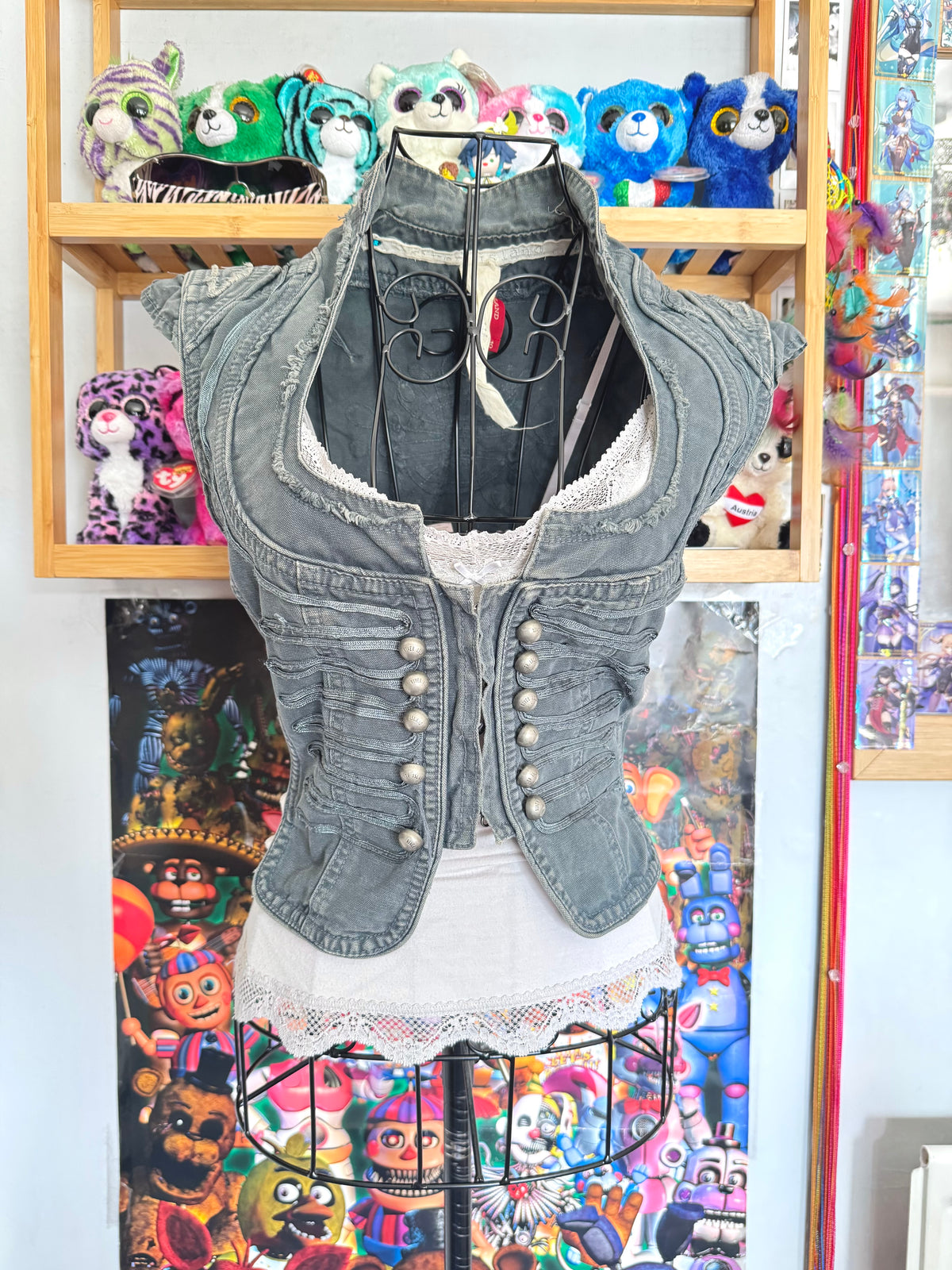 y2k vintage blueish grey denim distressed military inspired hook up waistcoat steampunk