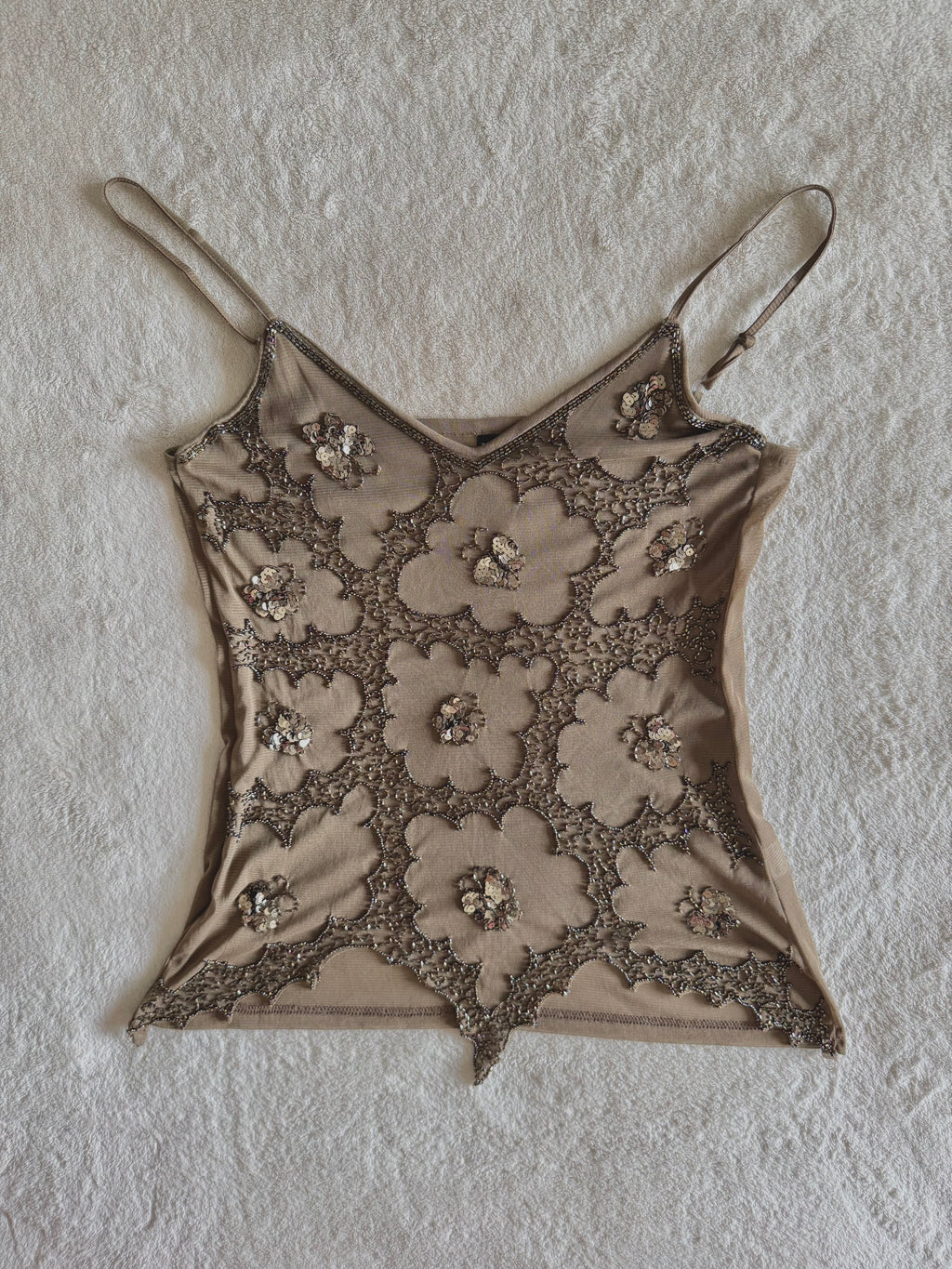 y2k vintage khaki brown sheer mesh butterfly sequinned cami top with jagged asymmetrical hem fairy