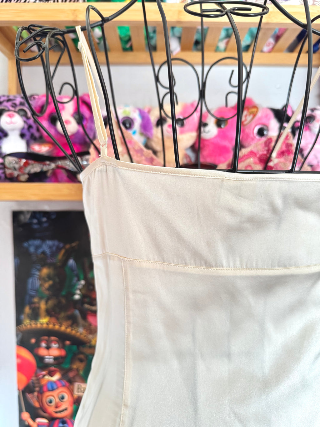 y2k vintage silk ivory white fitted cami top with pink floral embroidery